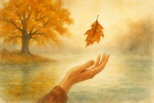 Eiche am nebligen See, kupfernes Abendlicht; fallendes Herbstblatt über einer geöffneten Frauenhand, leises Wehen. @ Andreas Holleman Eiche am nebligen See, kupfernes Abendlicht; fallendes Herbstblatt über einer geöffneten Frauenhand, leises Wehen. @ Andreas Holleman