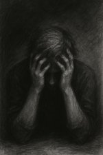 Kohlezeichnung: sitzende Person mit gesenktem Kopf, Hände ins Haar gegraben; grober Strich, dunkler Hintergrund, starke Hell-Dunkel-Kontraste. Kohlezeichnung: sitzende Person mit gesenktem Kopf, Hände ins Haar gegraben; grober Strich, dunkler Hintergrund, starke Hell-Dunkel-Kontraste.
