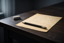 Vergilbtes Blatt Papier auf dunkler Tischkante, daneben Bleistift und Radiergummi mit Krümeln im kalten Seitenlicht.